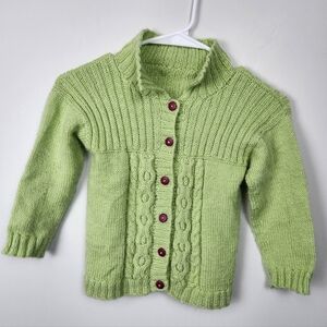 Set Of 2 HandKnit Cable Cardigan Sweaters Kids Size 3-4 Year Green Red Hand Knit